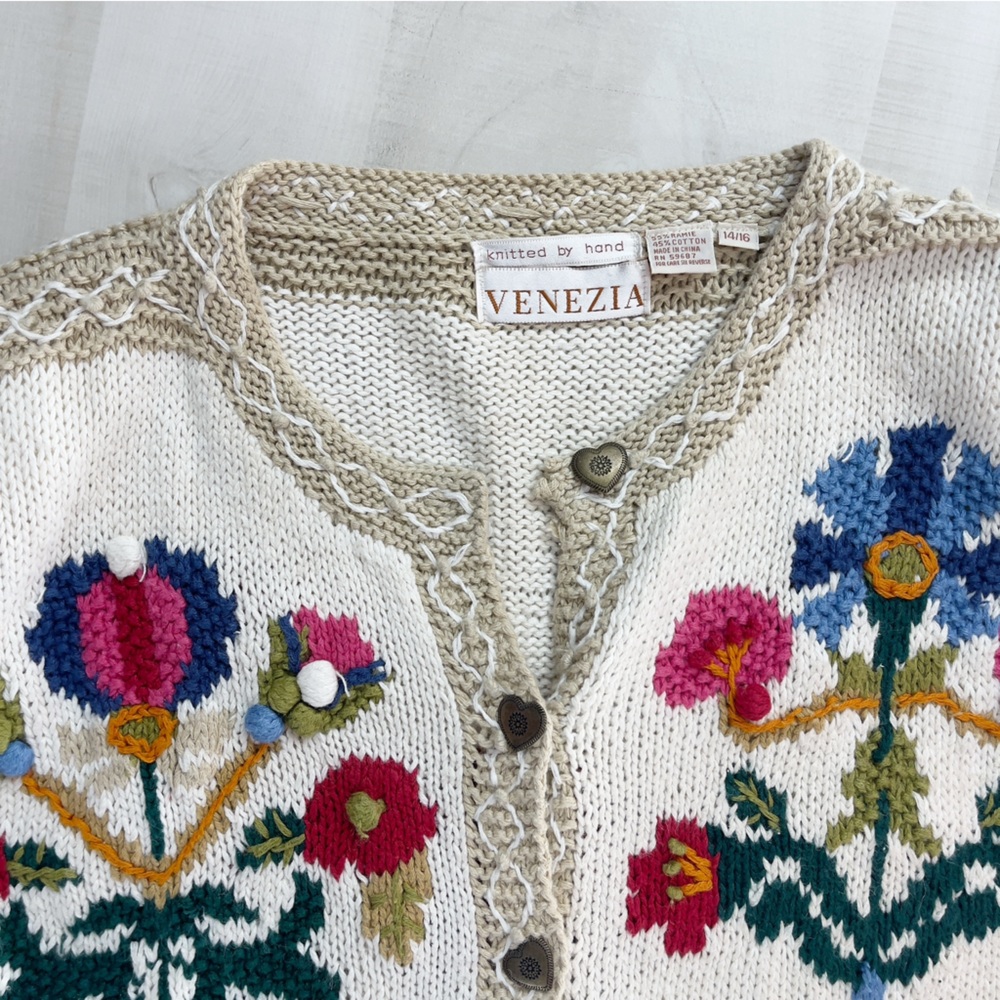 VENEZIA hand knit floral bird cardigan sweater vintage 14 16 - Picture 7 of 11